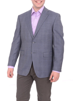I Uomo BLAZERS I Uomo Men's Blue Windowpane Plaid Two Button Silk Wool Blazer Sportcoat