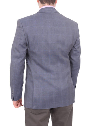 I Uomo BLAZERS I Uomo Men's Blue Windowpane Plaid Two Button Silk Wool Blazer Sportcoat