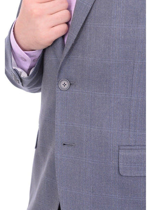 I Uomo BLAZERS I Uomo Men's Blue Windowpane Plaid Two Button Silk Wool Blazer Sportcoat