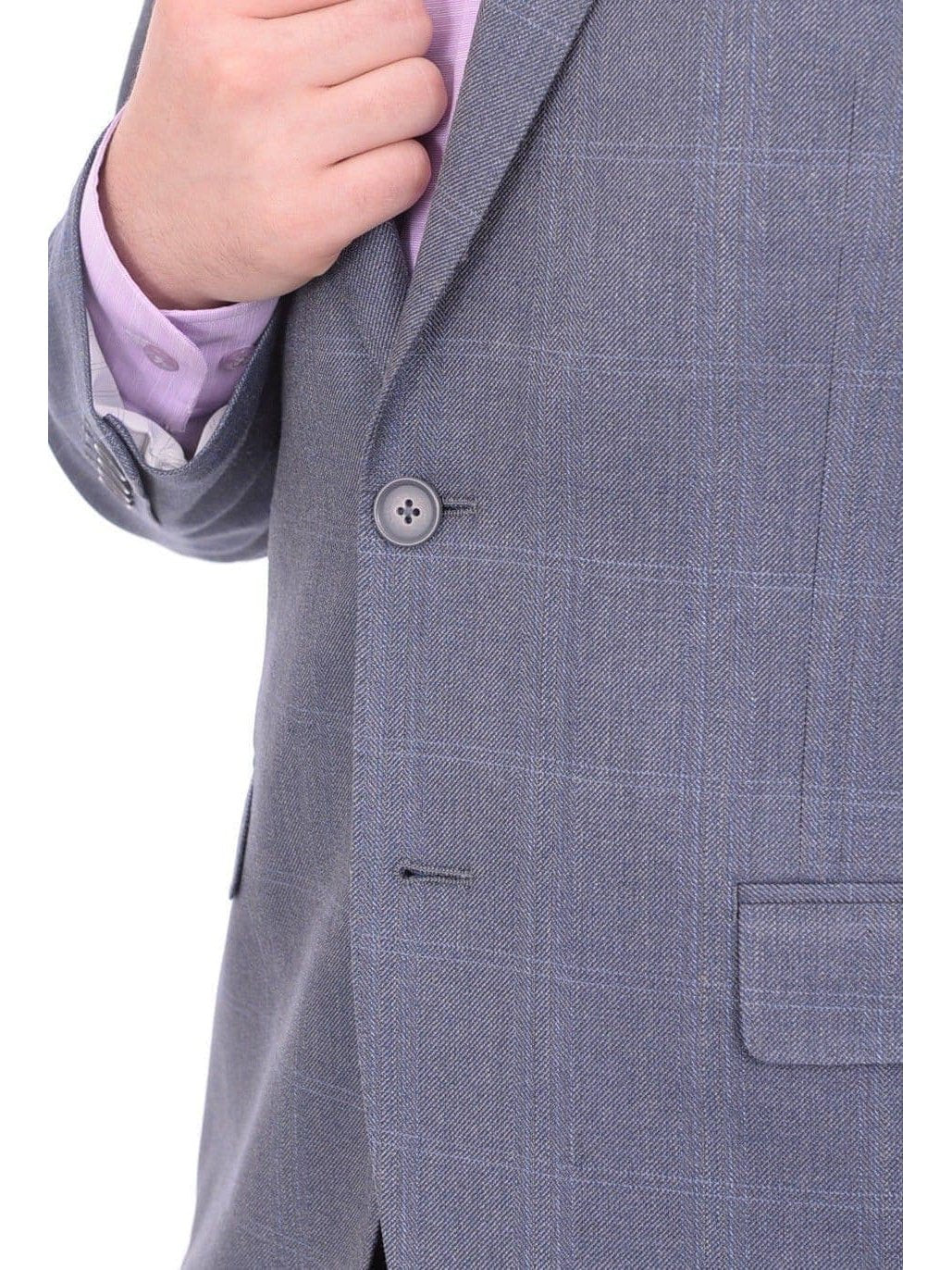 I Uomo BLAZERS I Uomo Men&#39;s Blue Windowpane Plaid Two Button Silk Wool Blazer Sportcoat