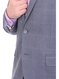 Thumbnail for I Uomo BLAZERS I Uomo Men's Blue Windowpane Plaid Two Button Silk Wool Blazer Sportcoat