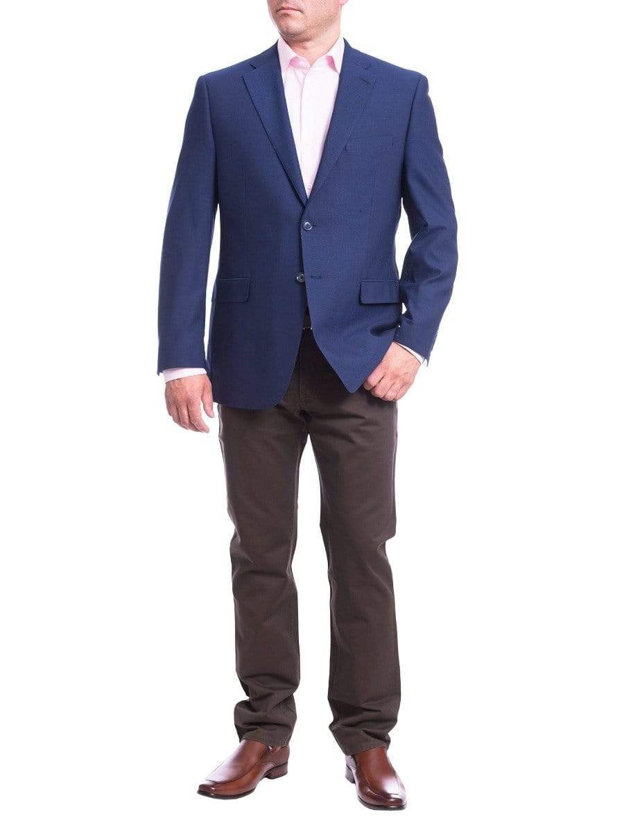 I Uomo BLAZERS I Uomo Mens Regular Fit Blue Textured 2 Button Wool Blazer Sportcoat