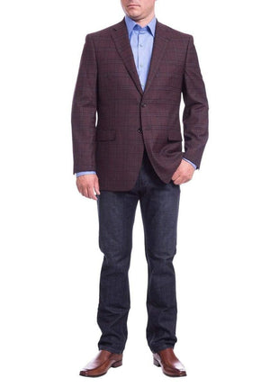I Uomo BLAZERS I Uomo Mens Regular Fit Burgundy Plaid 2 Button Wool Blazer Sportcoat