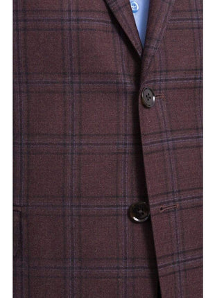 I Uomo BLAZERS I Uomo Mens Regular Fit Burgundy Plaid 2 Button Wool Blazer Sportcoat