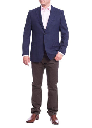 I Uomo BLAZERS I Uomo Mens Regular Fit Navy Blue Check 2 Button Wool Blazer Sportcoat