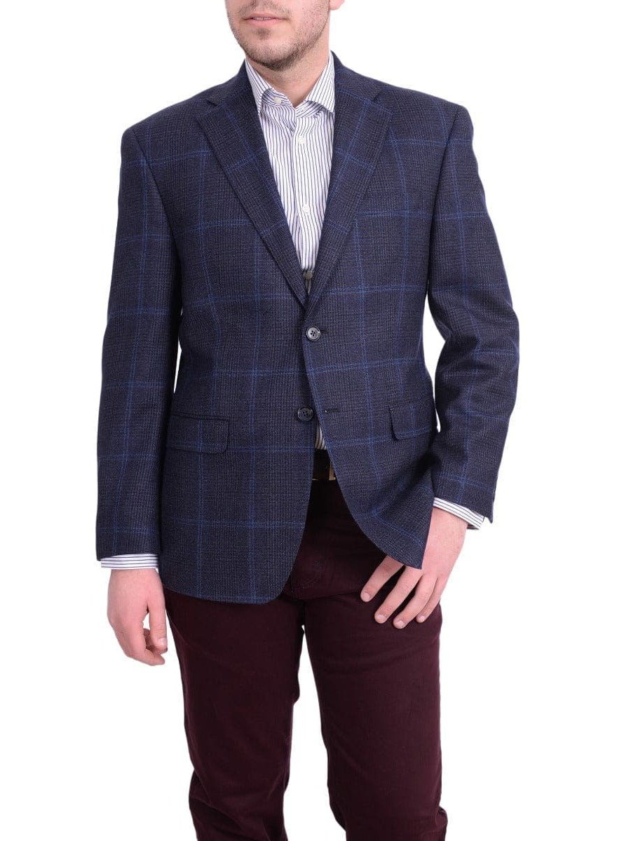 I Uomo BLAZERS I Uomo Mens Regular Fit Navy Blue Plaid Two Button Wool Blazer Sportcoat