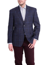 Thumbnail for I Uomo BLAZERS I Uomo Mens Regular Fit Navy Blue Plaid Two Button Wool Blazer Sportcoat