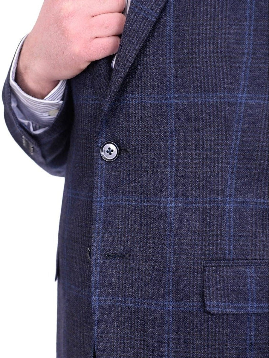 I Uomo BLAZERS I Uomo Mens Regular Fit Navy Blue Plaid Two Button Wool Blazer Sportcoat