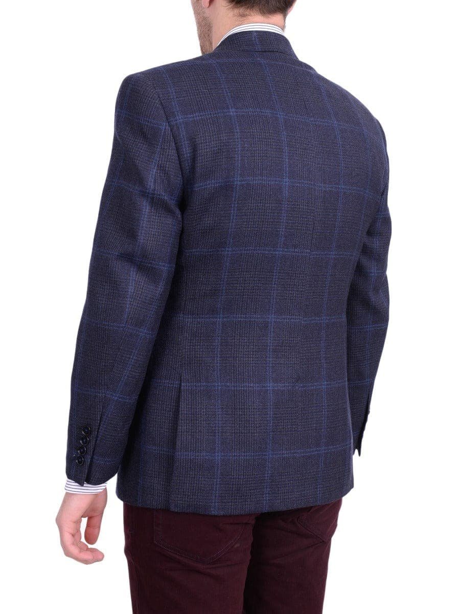 I Uomo BLAZERS I Uomo Mens Regular Fit Navy Blue Plaid Two Button Wool Blazer Sportcoat