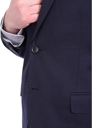I Uomo TWO PIECE SUITS I Uomo Regular Fit Navy Blue Mini Check Plaid Two Button 100% Wool Men's Suit