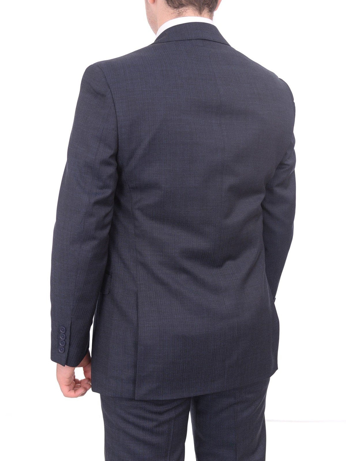 I Uomo TWO PIECE SUITS I Uomo Regular Fit Solid Blue Tonal Striped Two Button 100% Wool Men&#39;s Suit
