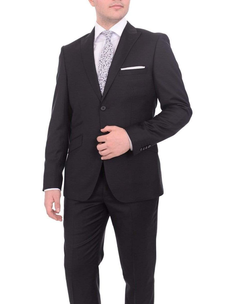 Ideal TWO PIECE SUITS 34S Ideal Slim Fit Solid Black Two Button Wool Suit With Peak Lapels