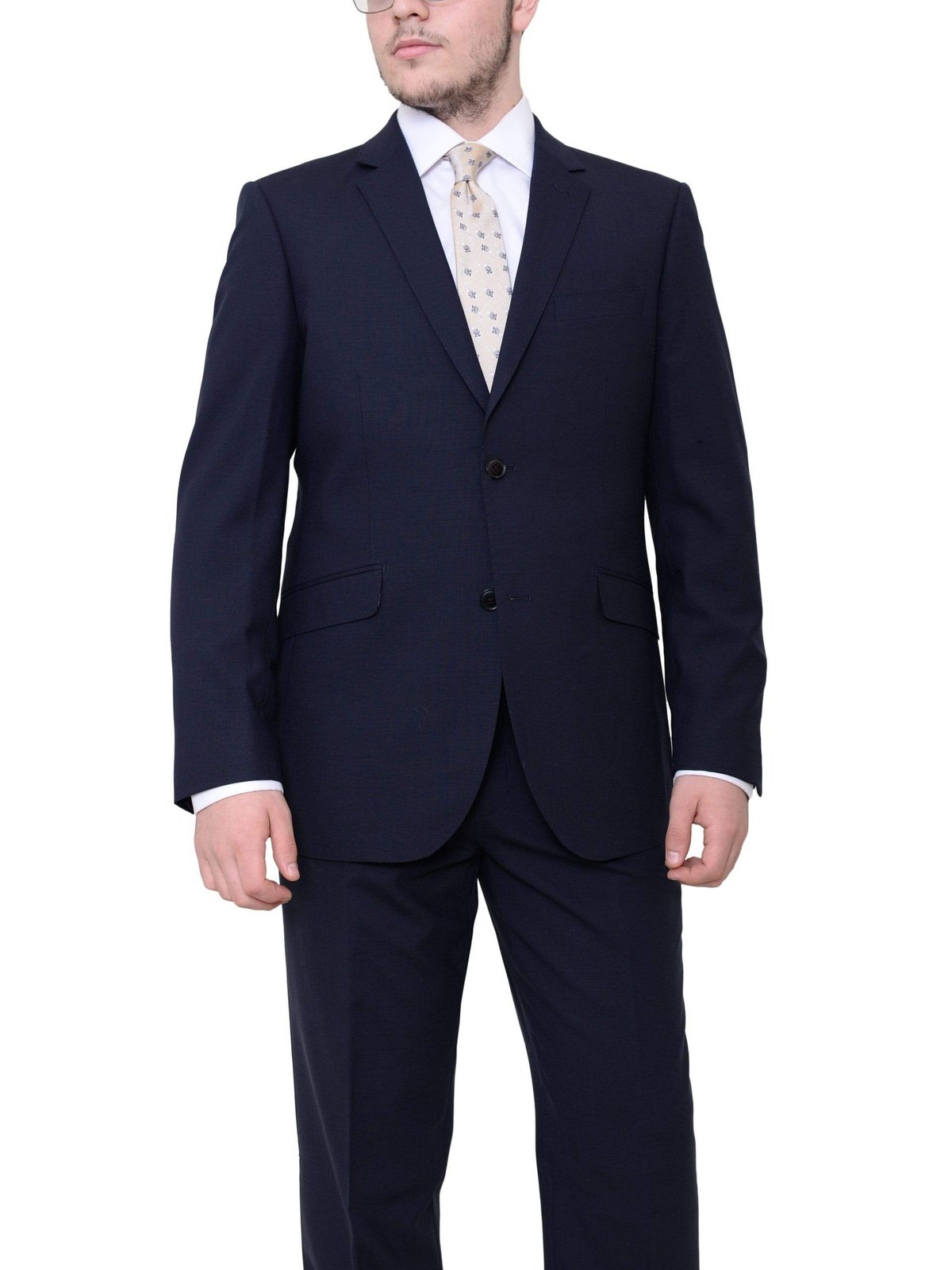 Ideal TWO PIECE SUITS 40R Ideal Slim Fit Solid Navy Blue Two Button Half Lined Wool Blend Suit