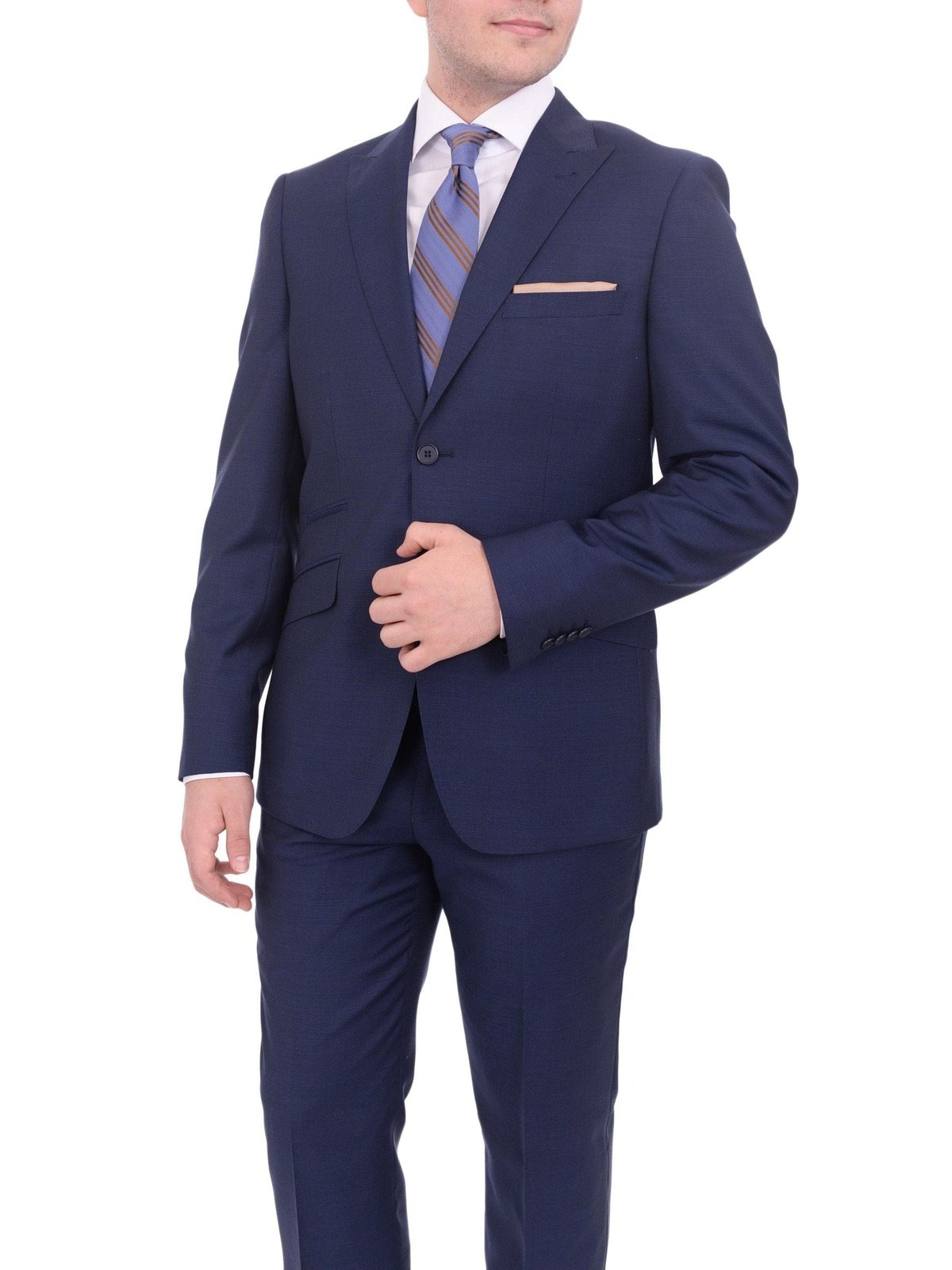 Ideal TWO PIECE SUITS Ideal Slim Fit Blue Mini Check Two Button Wool Suit With Peak Lapels