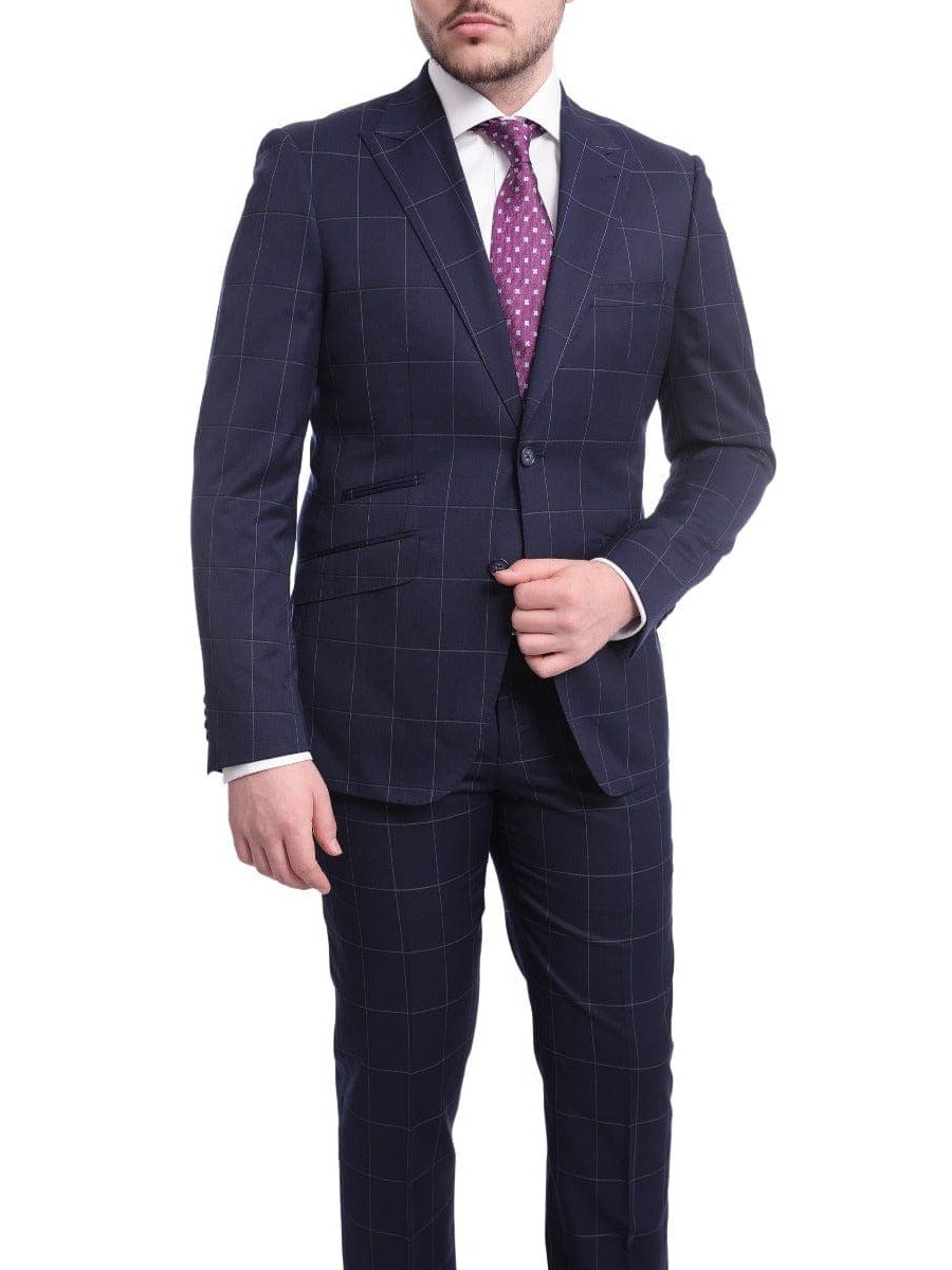 Ideal TWO PIECE SUITS Ideal Slim Fit Blue With Light Blue Windowpane Wool Suit With Ticket Pocket