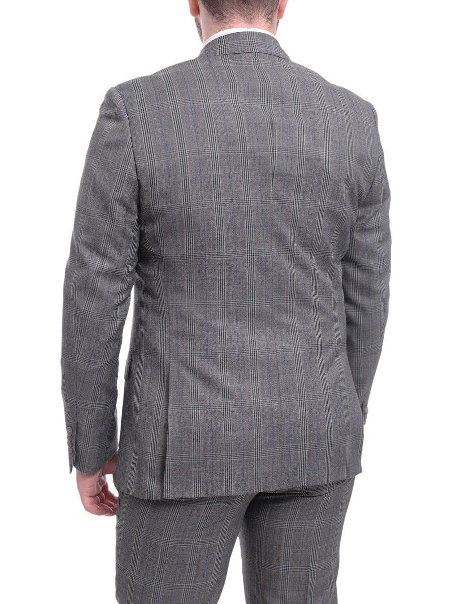 Ideal TWO PIECE SUITS Ideal Slim Fit Gray Plaid Two Button Wool Suit With Peak Lapels