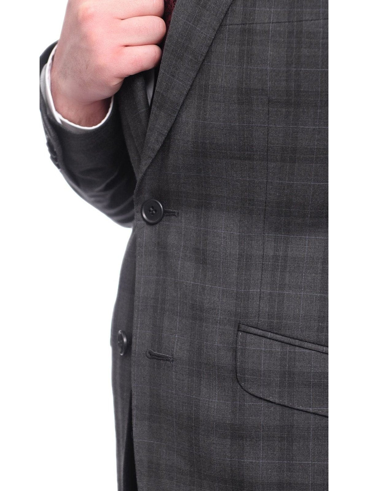 Ideal TWO PIECE SUITS Ideal Slim Fit Gray Plaid Windowpane Two Button Wool Suit With Peak Lapels