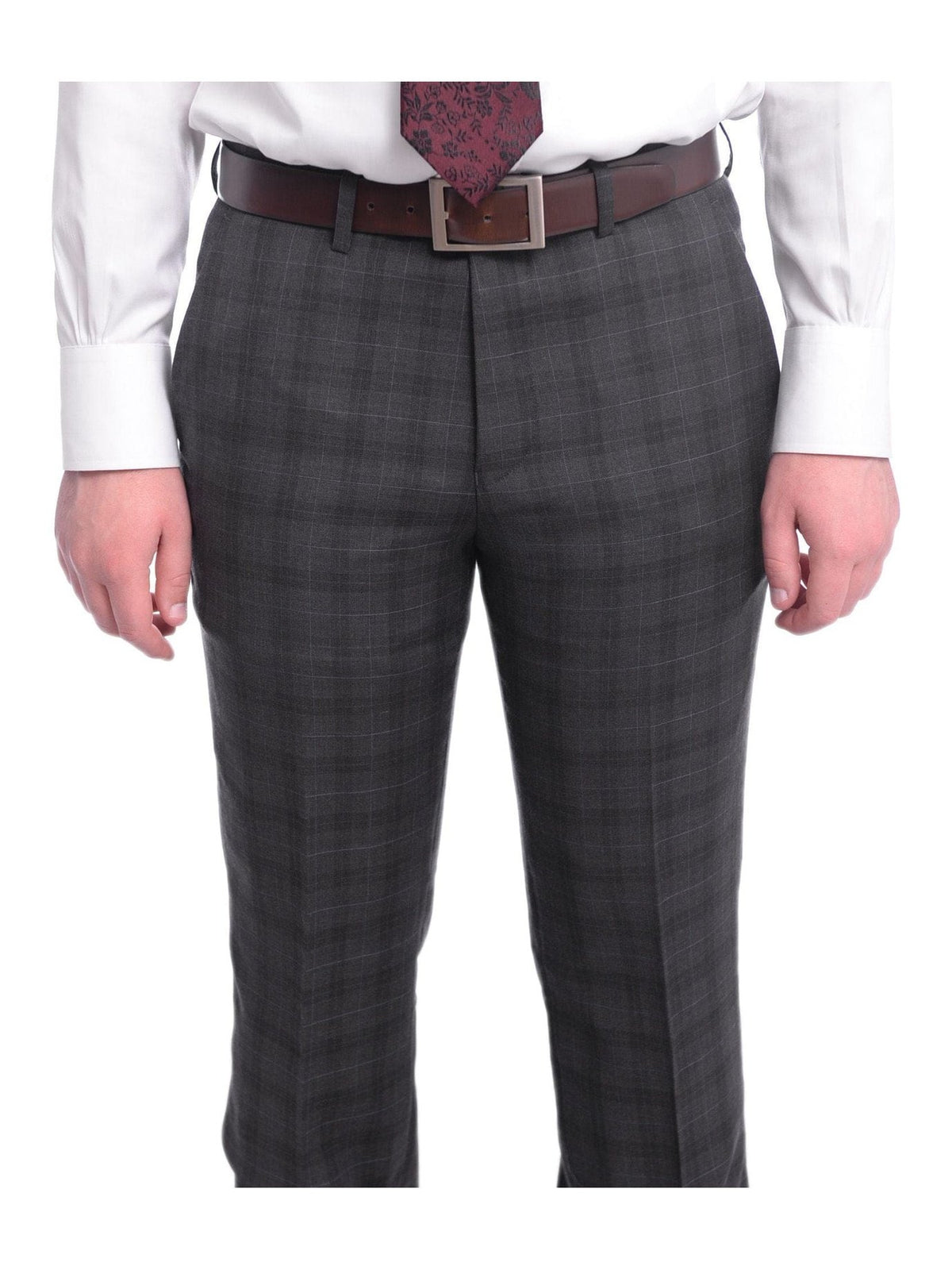 Ideal TWO PIECE SUITS Ideal Slim Fit Gray Plaid Windowpane Two Button Wool Suit With Peak Lapels