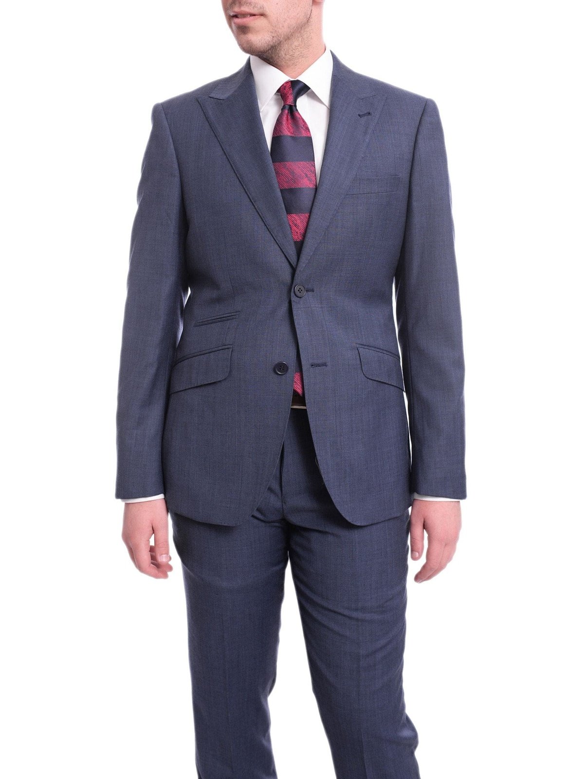 Ideal TWO PIECE SUITS Ideal Slim Fit Heather Blue Two Button Wool Suit With Peak Lapels