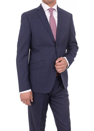 Ideal TWO PIECE SUITS Ideal Slim Fit Navy Plaid With Subtle Overcheck Two Button Wool Suit