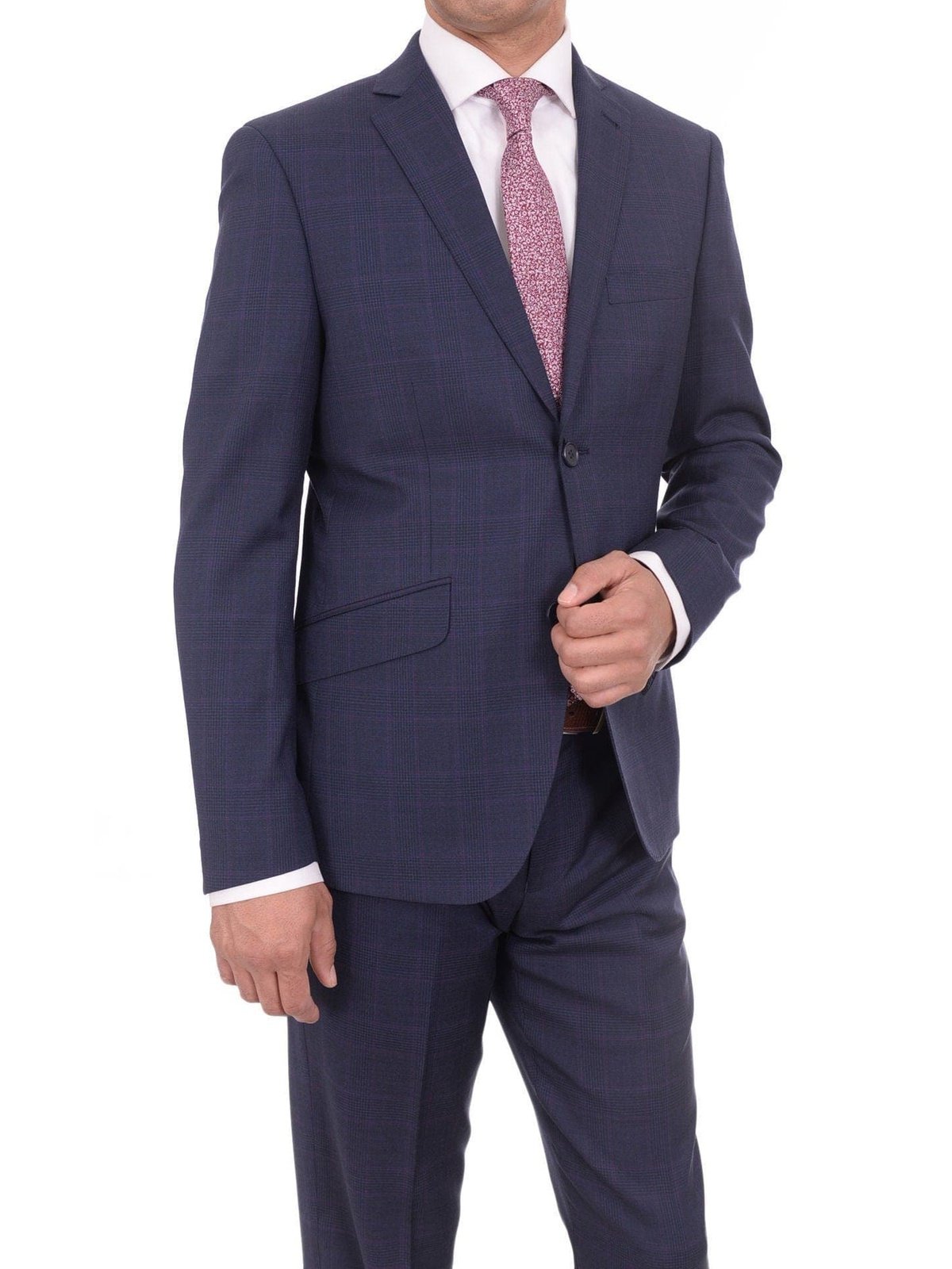 Ideal TWO PIECE SUITS Ideal Slim Fit Navy Plaid With Subtle Overcheck Two Button Wool Suit