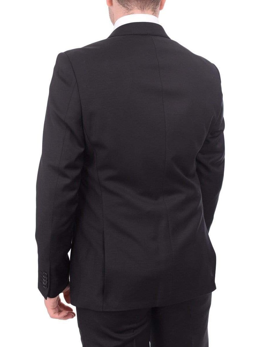 Ideal TWO PIECE SUITS Ideal Slim Fit Solid Black Two Button Wool Suit With Peak Lapels