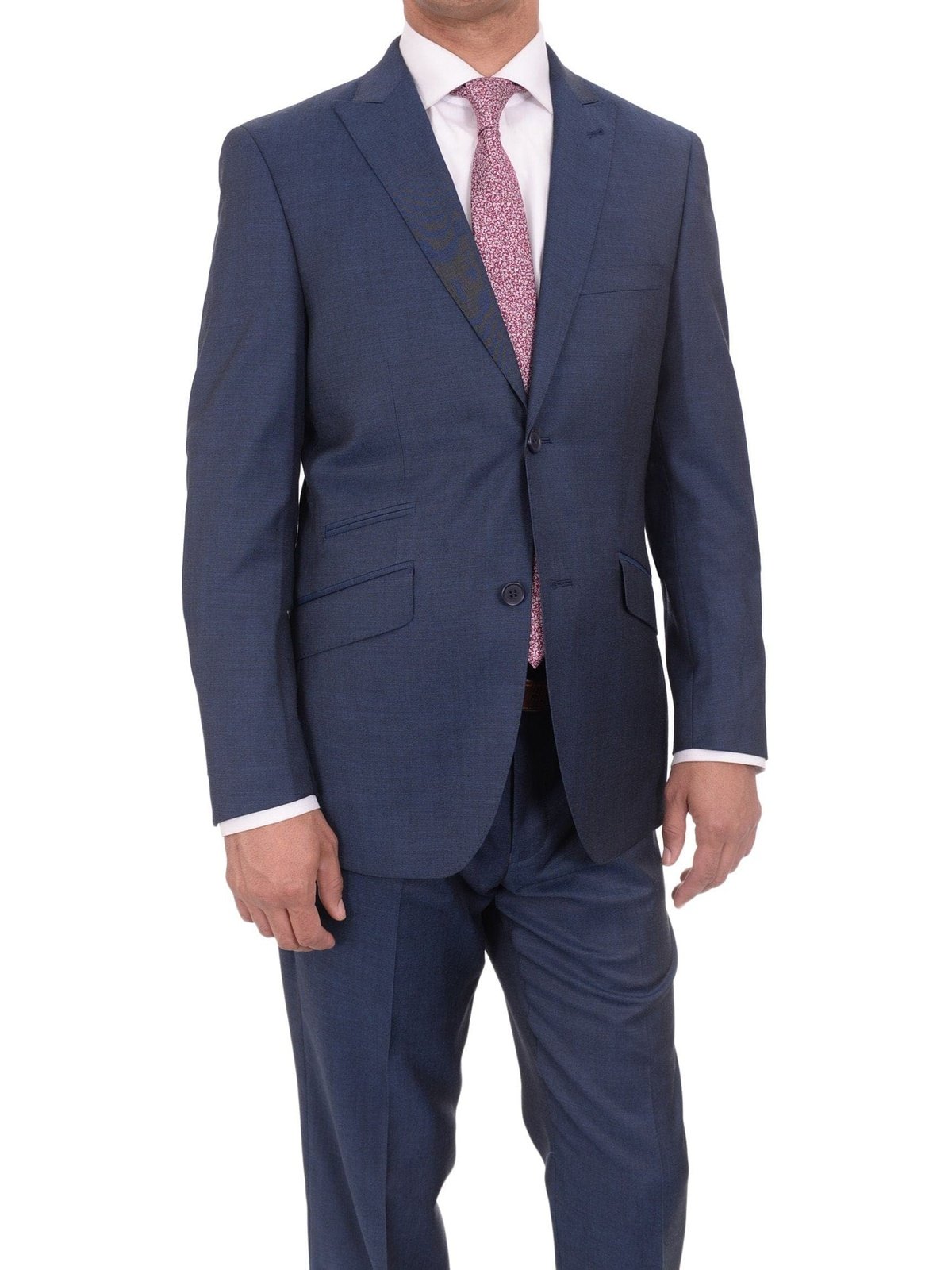 Ideal TWO PIECE SUITS Ideal Slim Fit Solid Blue Two Button Wool Suit With Peak Lapels