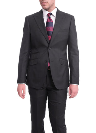 Ideal TWO PIECE SUITS Ideal Slim Fit Solid Charcoal Gray Two Button Wool Suit With Peak Lapels