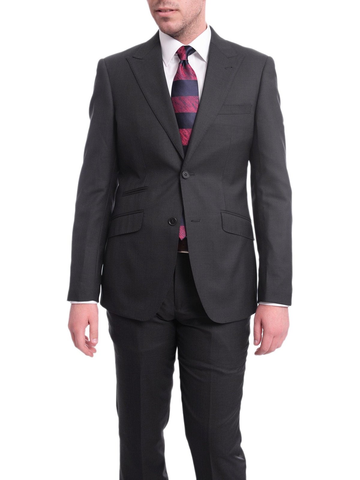 Ideal TWO PIECE SUITS Ideal Slim Fit Solid Charcoal Gray Two Button Wool Suit With Peak Lapels