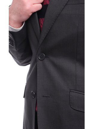 Ideal TWO PIECE SUITS Ideal Slim Fit Solid Charcoal Gray Two Button Wool Suit With Peak Lapels