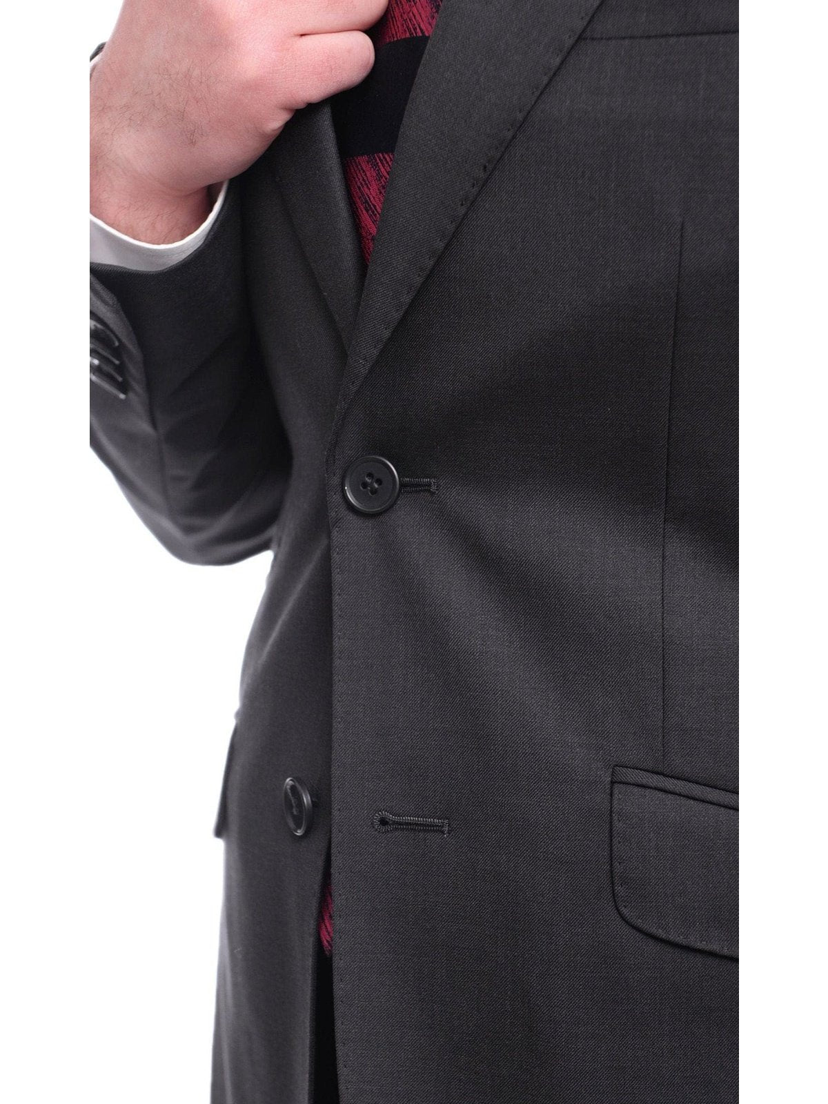 Ideal TWO PIECE SUITS Ideal Slim Fit Solid Charcoal Gray Two Button Wool Suit With Peak Lapels