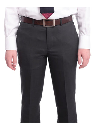 Ideal TWO PIECE SUITS Ideal Slim Fit Solid Charcoal Gray Two Button Wool Suit With Peak Lapels