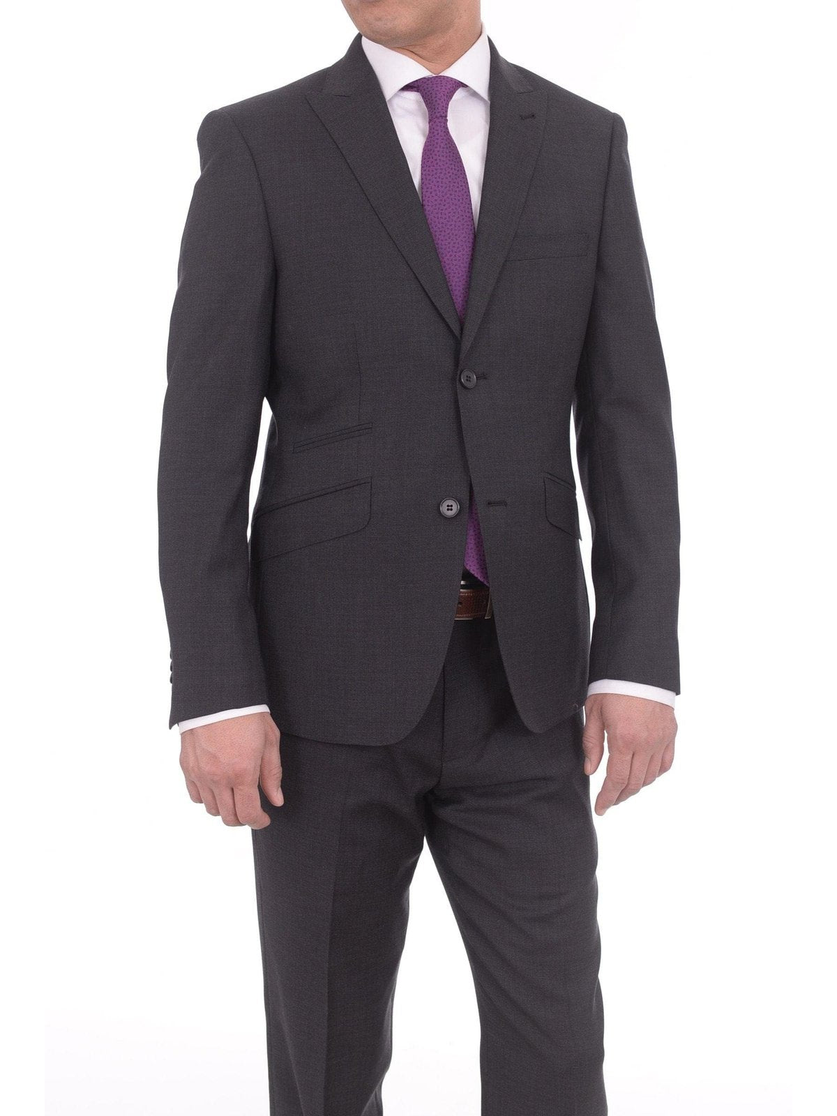 Ideal TWO PIECE SUITS Ideal Slim Fit Solid Charcoal Two Button Wool Suit With Peak Lapels