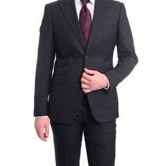 Ideal TWO PIECE SUITS Ideal Slim Fit Solid Navy Blue Two Button Wool Suit With Peak Lapels