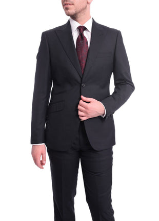 Ideal TWO PIECE SUITS Ideal Slim Fit Solid Navy Blue Two Button Wool Suit With Peak Lapels