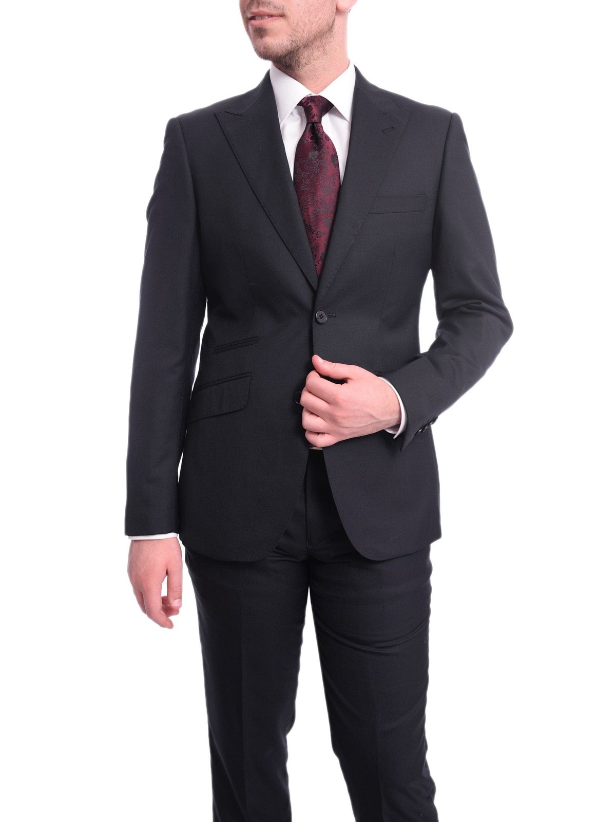 Ideal TWO PIECE SUITS Ideal Slim Fit Solid Navy Blue Two Button Wool Suit With Peak Lapels