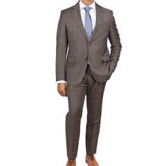 Italiano SUITS Italiano Mens Brown Check 100% Zegna Wool Slim Fit 2 Button Suit