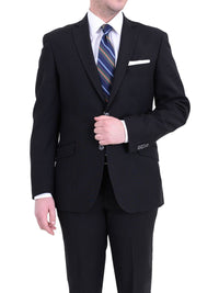 Thumbnail for Italiano SUITS Italiano Mens Solid Black 100% Zegna Wool Slim Fit 2-Button Suit