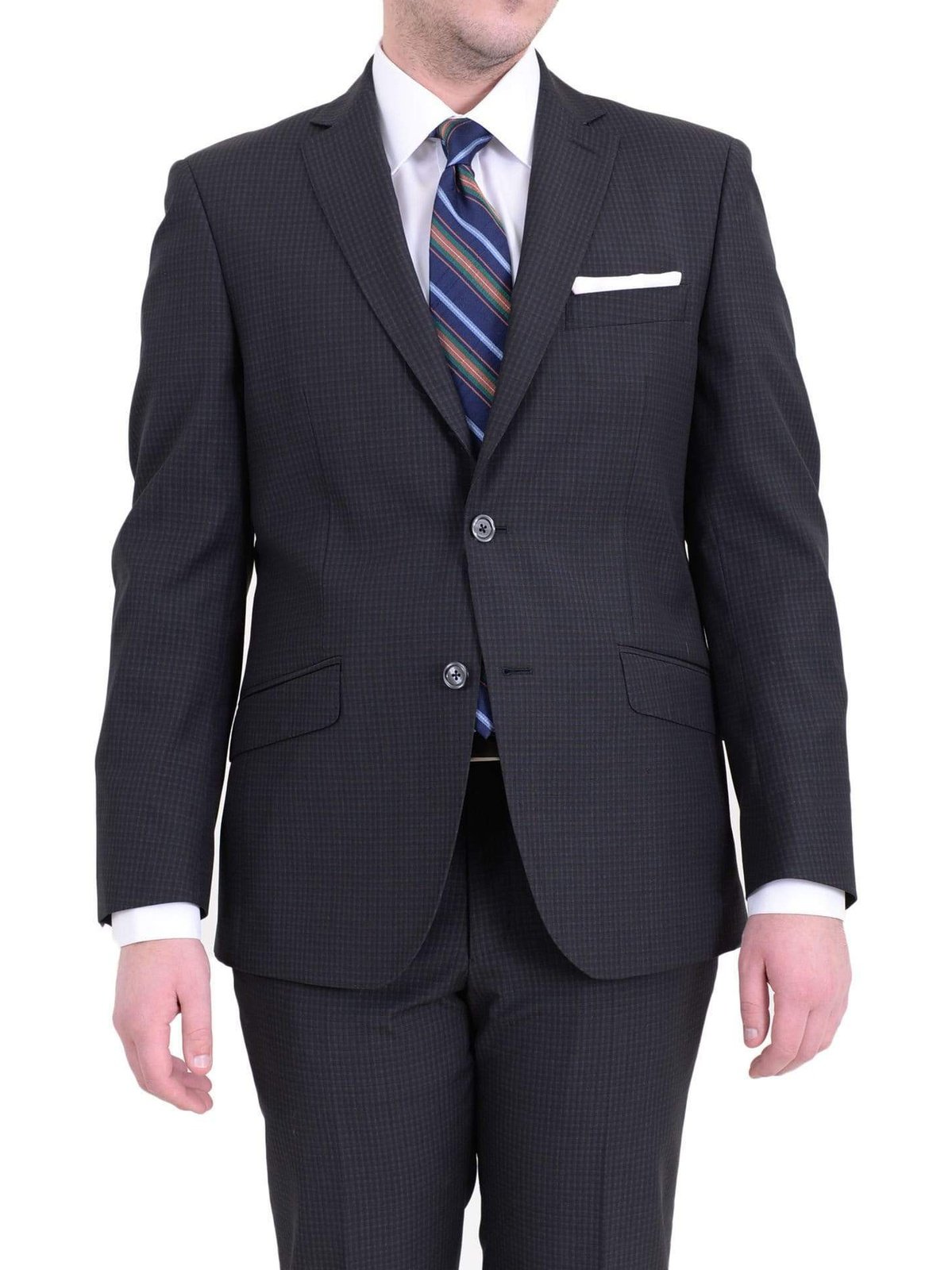 Italiano TWO PIECE SUITS 38S Italiano Guabello Fabric Slim Fit Gray Check Super 150&#39;s Wool Suit Made In Italy
