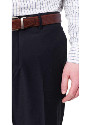 CClose Up of Mens Solid Navy Blue Wool Blend Washable Slim Fit Dress Pants