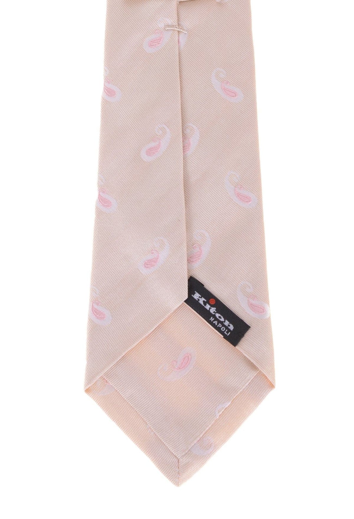 Kiton Napoli Mens Cream With Pink Paisley Motif Seven Fold Handmade Silk Necktie - The Suit Depot
