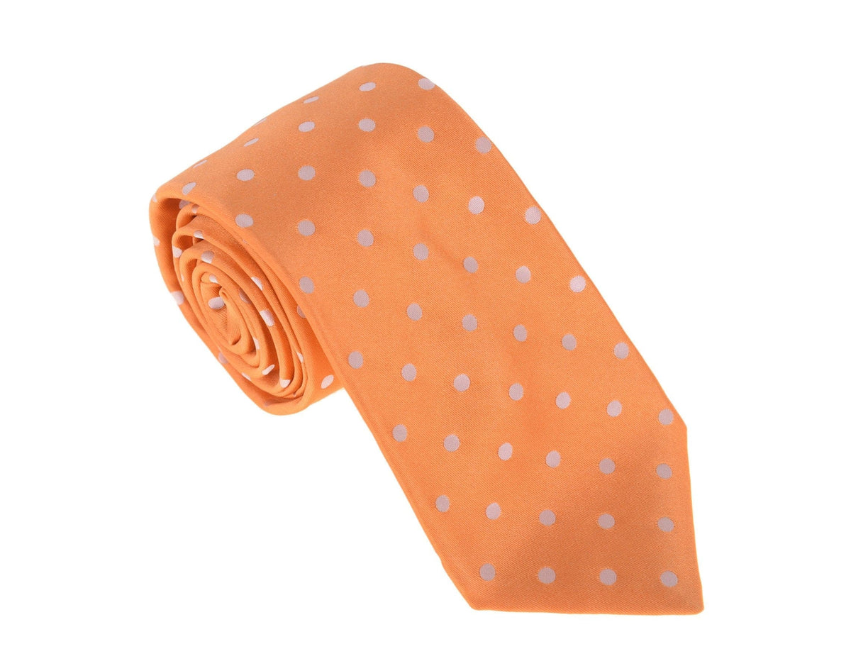 Kiton Napoli Mens Orange Polka Dot Seven Fold Handmade Satin Silk Necktie - The Suit Depot
