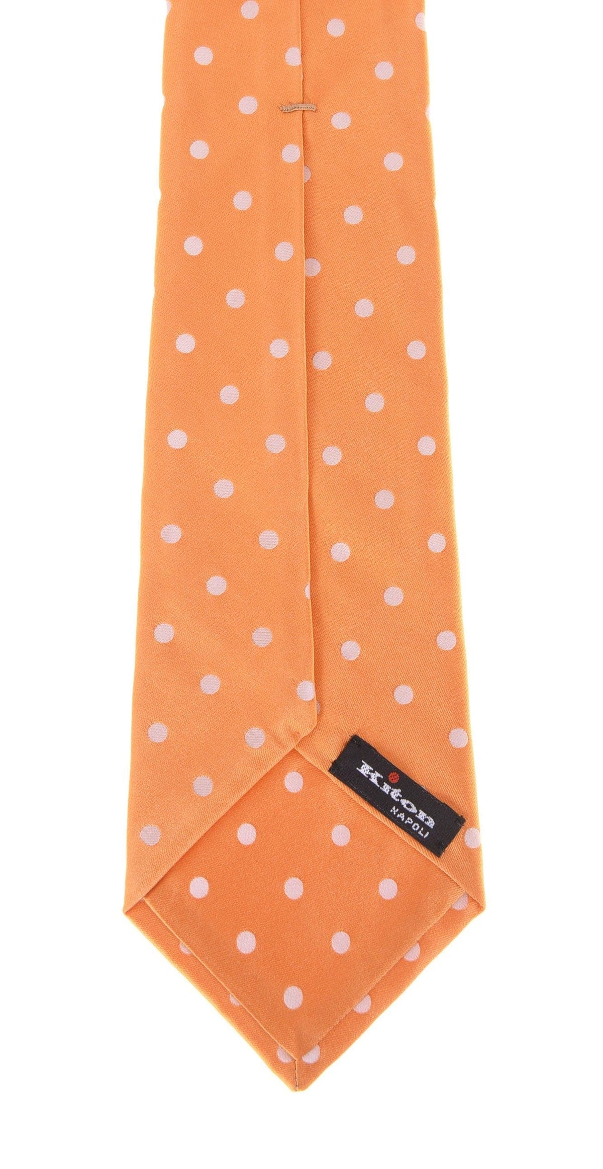 Kiton Napoli Mens Orange Polka Dot Seven Fold Handmade Satin Silk Necktie - The Suit Depot