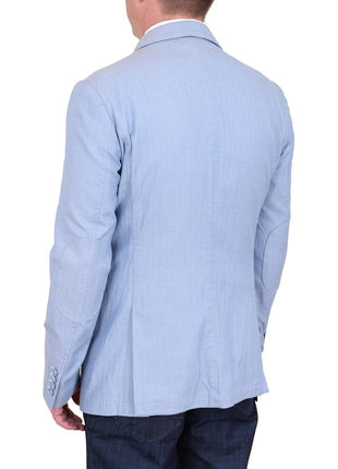 Label E BLAZERS Mens Modern Fit Sky Blue Herringbone Unstructured Cotton Field Jacket Sportcoat