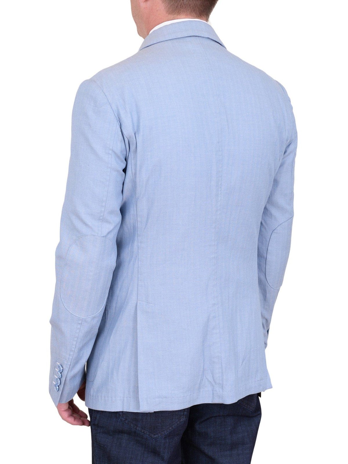Label E BLAZERS Mens Modern Fit Sky Blue Herringbone Unstructured Cotton Field Jacket Sportcoat