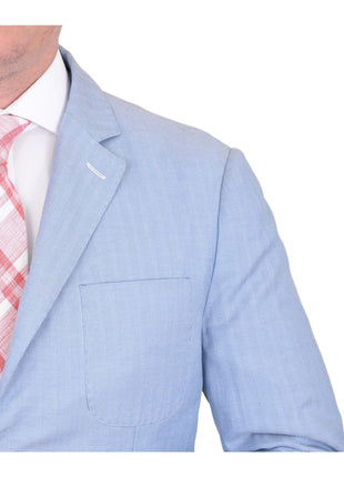 Label E BLAZERS Mens Modern Fit Sky Blue Herringbone Unstructured Cotton Field Jacket Sportcoat