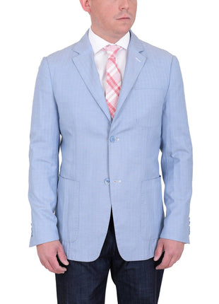Label E BLAZERS Mens Modern Fit Sky Blue Herringbone Unstructured Cotton Field Jacket Sportcoat