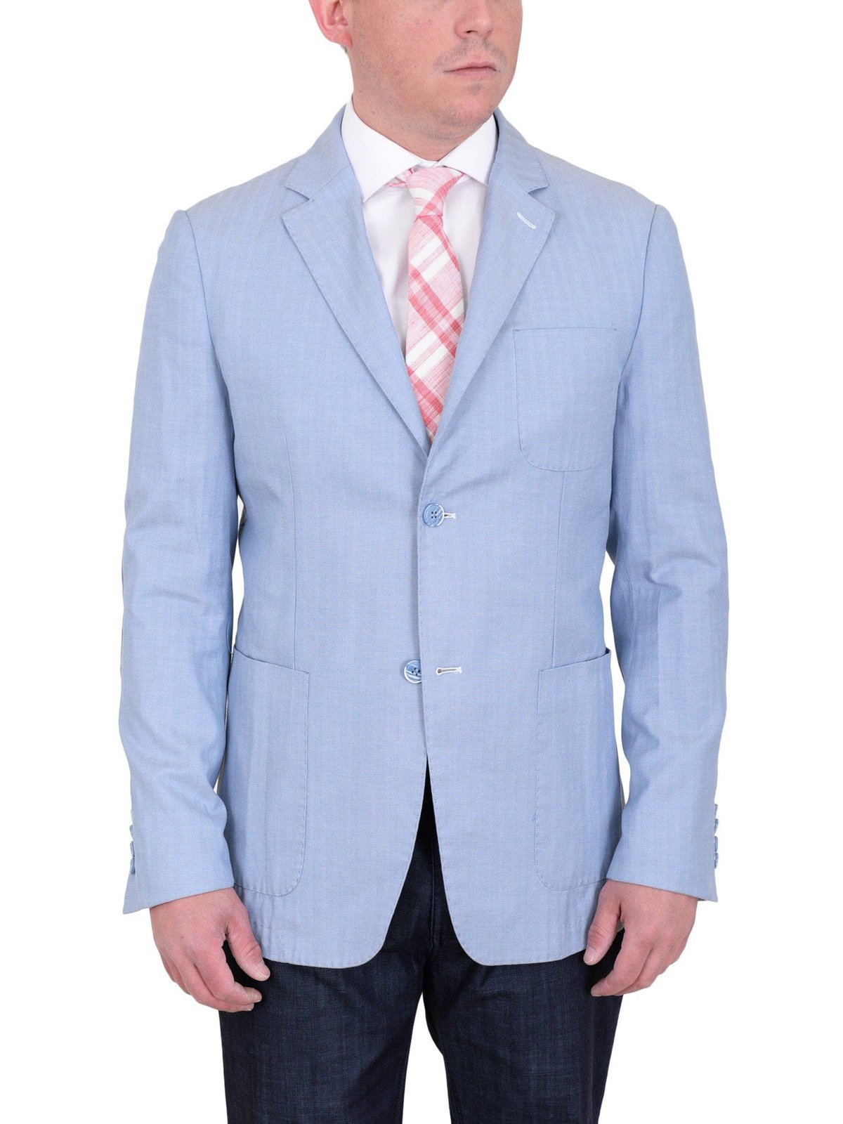 Label E BLAZERS Mens Modern Fit Sky Blue Herringbone Unstructured Cotton Field Jacket Sportcoat