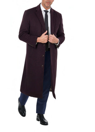 Label E OUTERWEAR Mens Regular Fit Solid Burgundy Full Length Wool Cashmere Overcoat Top Coat