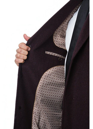 Label E OUTERWEAR Mens Regular Fit Solid Burgundy Full Length Wool Cashmere Overcoat Top Coat
